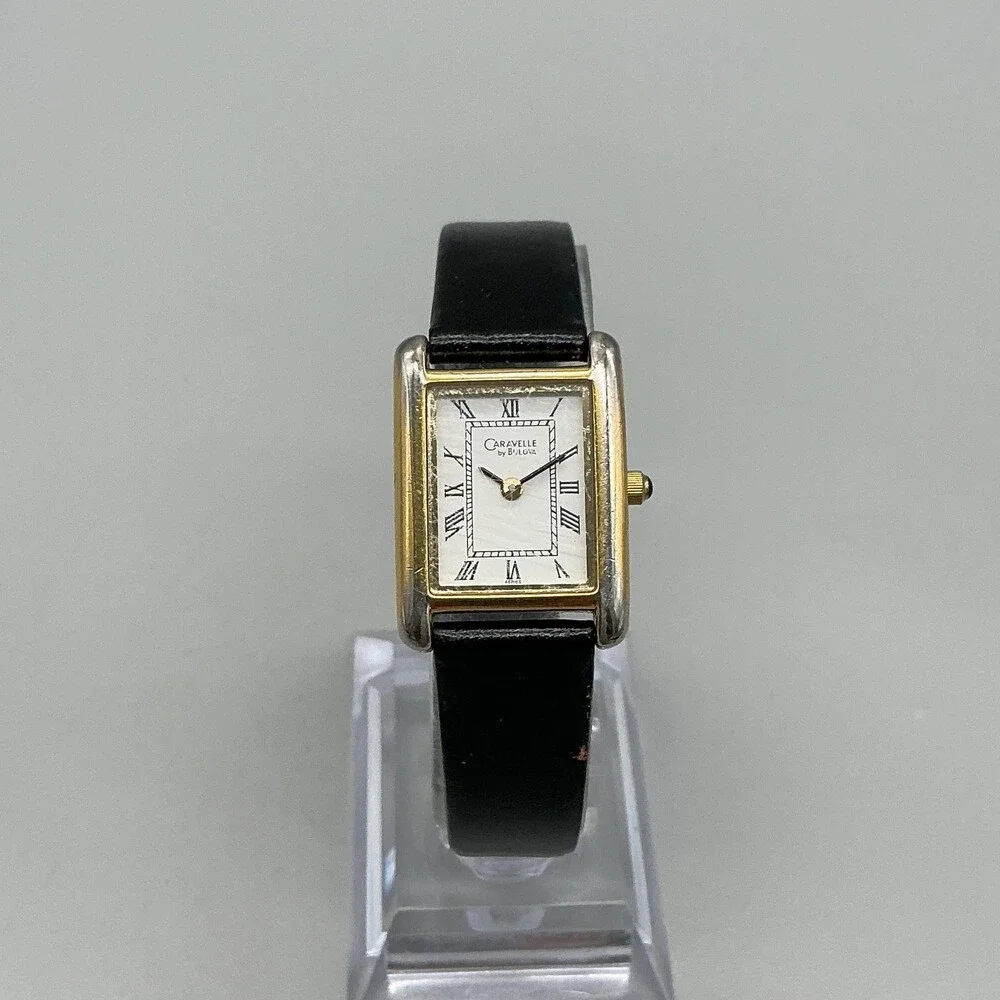 Caravelle By Bulova Womens Watch 20mm Tank White Dial Black Leather New Battery